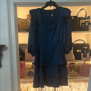 Smocked Back Navy Tiered Ruffle Long Sleeve Dress